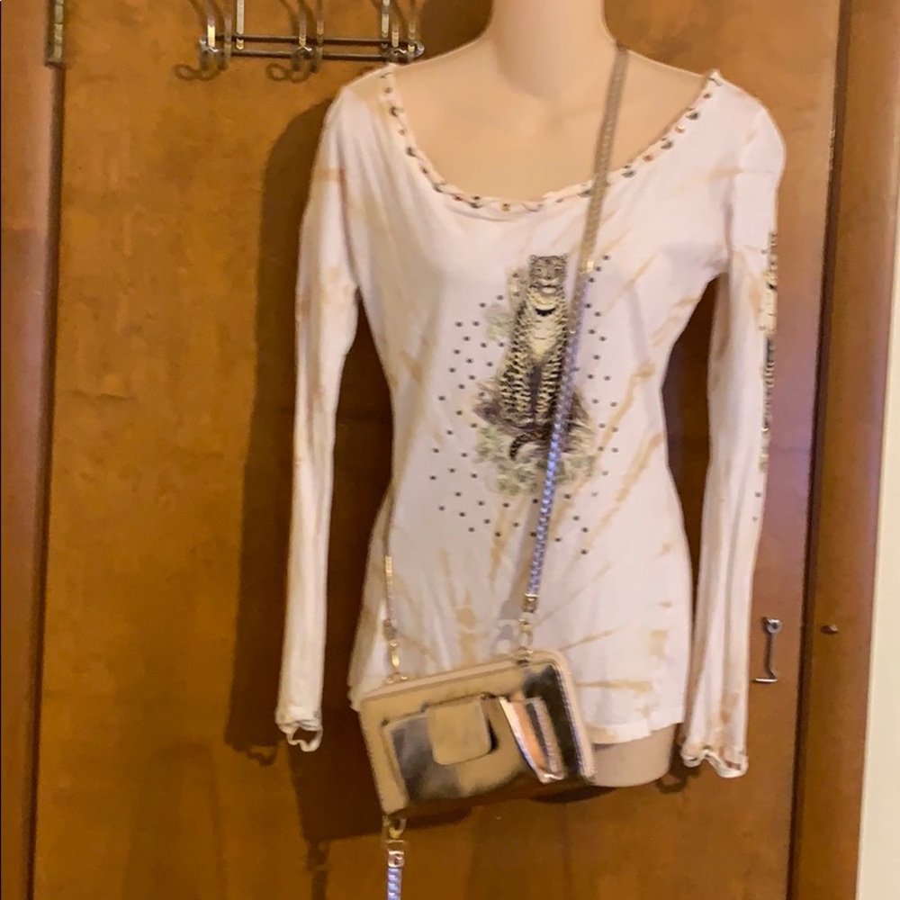 Long-sleeved Cheetah bejeweled rhinestone stud top